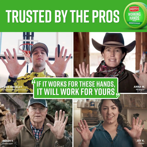 Collage of four people holding hands up, promoting hand cream with text 'If it works for these hands, it will work for yours.'