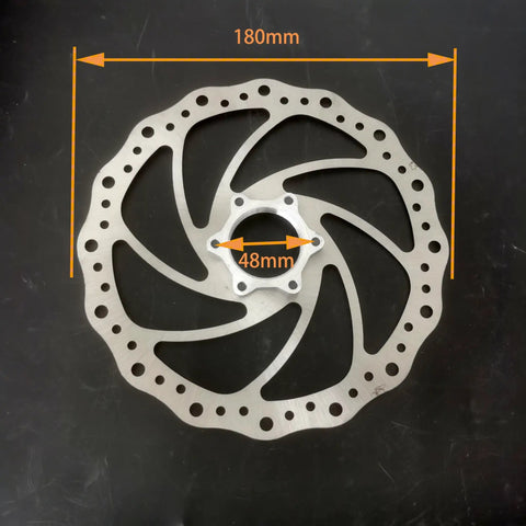 180mm Bicycle Disc Brake Rotor With Flange Adapter For Threaded Hubs Stainless Steel 2mm Thick Silver Finish shown flat