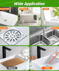 Image showing a wide application of the 4 Pack 25 Inch Drain Snake Kit For Clogged Drains And Drain Clog Remover Unclog Kitchen Sink Bathroom Tub And Toilet With Flexible 0.45 Inch Barbed Wand Designed To Fit Most Drains For Fast Relief, including bathroom sink, bathtub, toilet, floor drain, and kitchen sink.