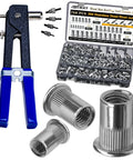 Stainless Steel Rivet Nut Tool Kit With 970 Pieces, Heavy Duty Rivnut Install Set For Auto DIY Projects, Metalworking And Electrical, Pro Grade Tools In Durable Carry Case, Versatile And Easy To Use, blue-hand rivet nut tool with assorted stainless inserts