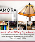 Vintage Tiffany Style Table Lamp With Geometric Mission Shade, White And Brown Stained Glass Nightstand Light For Cozy Glow, Handcrafted Antique Finish Glass Accent Lamp, 23 Inch Tall showcased by Amora Lighting with images of craftsmanship process.