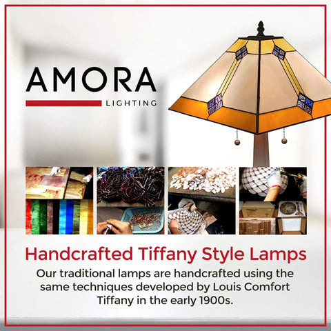 Vintage Tiffany Style Table Lamp With Geometric Mission Shade, White And Brown Stained Glass Nightstand Light For Cozy Glow, Handcrafted Antique Finish Glass Accent Lamp, 23 Inch Tall showcased by Amora Lighting with images of craftsmanship process.