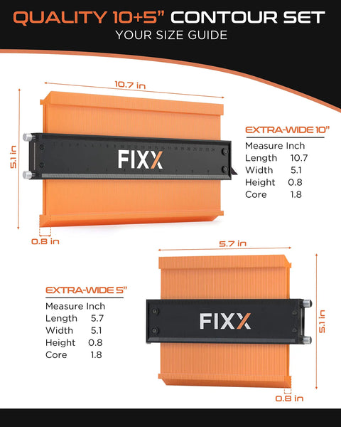 Extra Wide Contour Gauge Set With Triple Locking System For Accurate Copying, 10 and 5 inch sizes shown with measurements
