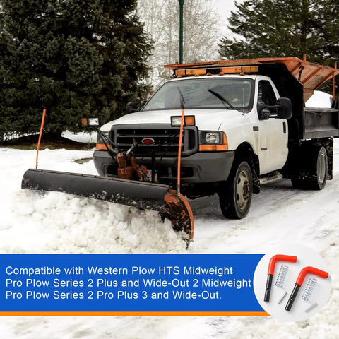 Truck with snow plow using Snow Plow Stand Lock Pin Kit 67844 Compatible With Ultra Mount HTS Midweight Pro Plow Series With Handles