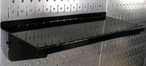 Slotted Tool Board Workstation Accessory Kit For Pegboard Black Secure Hook Engagement Rust Resistant Baked On Finish Durable Accessories Designed For Slotted Tool Boards showing black shelf mounted on pegboard