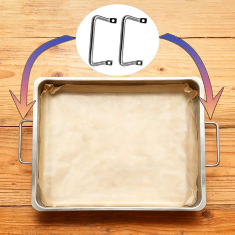 Straight Ahead Stainless Steel Tray Handles Set Of 4 With Comfy Angled Grip and Clean Silver look on a baking tray.