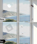 Before and after using Heavy Duty Black Window Screen Repair Tape 2 Inch By 30 Foot Fiberglass Patch With Strong Adhesive For Tears In Window And Door Screens All Weather Easy Cut And Long Lasting Patch on screen.