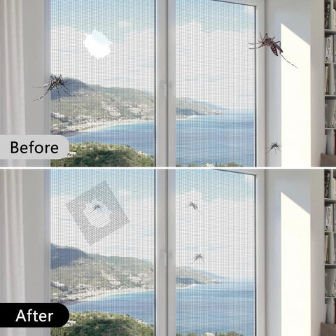 Heavy Duty Grey Window Screen Repair Tape 2 Inch By 30 Foot With Strong Adhesive Fiberglass Mesh Patch applied on window before and after.