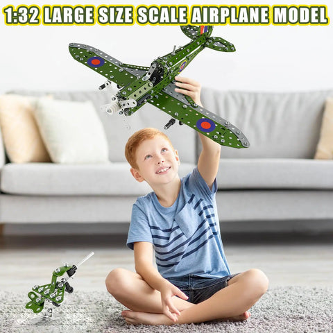 Child assembling Epic 374 Piece Model Airplane Kit For Kids Aged 8 To 12 DIY STEM Building Set with large model plane.