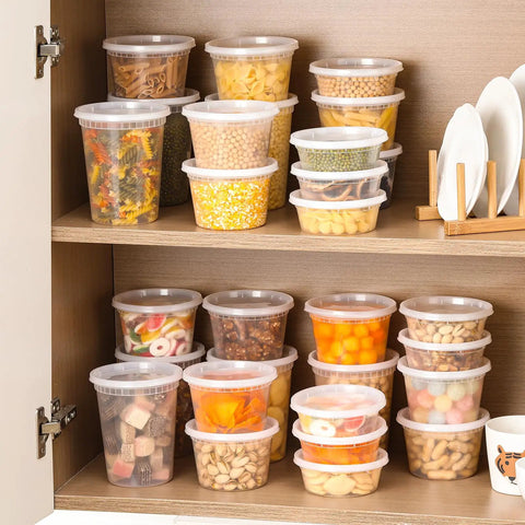 24 Piece Deli Storage Set With Lids Including 8 Oz, 16 Oz And 32 Oz Containers, Airtight BPA Free Plastic Grab And Go Meal Prep And Takeout Containers, Freezer Microwave And Dishwasher Safe, Stackable Clear Food Storage stacked in a cabinet