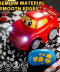 Two Pack Easy Use 2.4 GHz RC Cars For Toddlers And Kids Ages 1 To 6 With Cartoon Design, red car with remote on checkered track