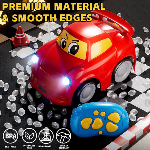 Two Pack Easy Use 2.4 GHz RC Cars For Toddlers And Kids Ages 1 To 6 With Cartoon Design, red car with remote on checkered track