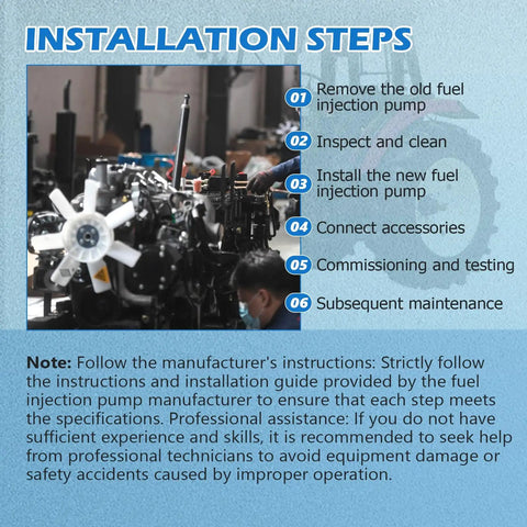 Installation steps for fuel injection pump on machinery with technician, showcasing parts and process.