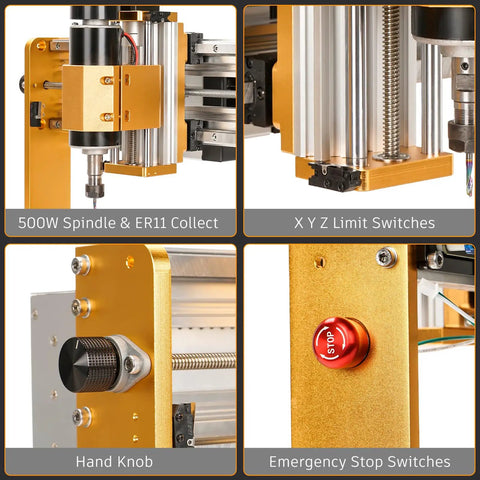 Close view of Ultra CNC Router Machine With 500W Spindle, limit switches, hand knob, and emergency stop button details.