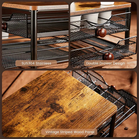 K Cup Holder and Coffee Pod Storage Rack with 2 Layer Drawer, Wood Top and Iron Frame, 48 Capsule Capacity, showing wood panel