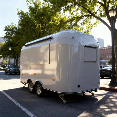 Kickstart Your Food Truck Trailer And Hot Dog Cart Venture With Commercial Mobile Kitchen Rig For Coffee Shop And Ice Cream Stand Business Hustle Dope Full Setup, white food trailer with a curved design.