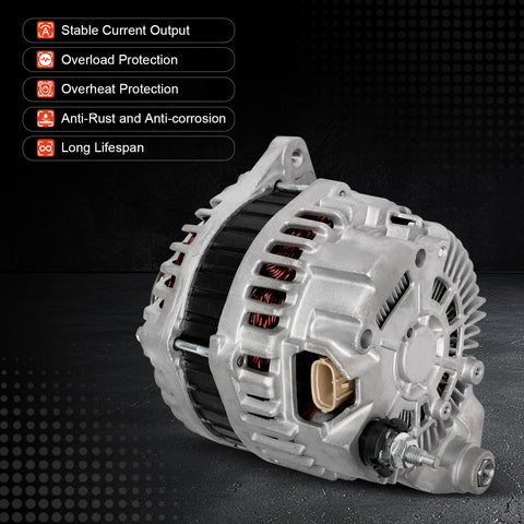 Close-up of 11340 High Output 150 Amp 12V Alternator Replacement for 2007 to 2009 350Z showing side view details