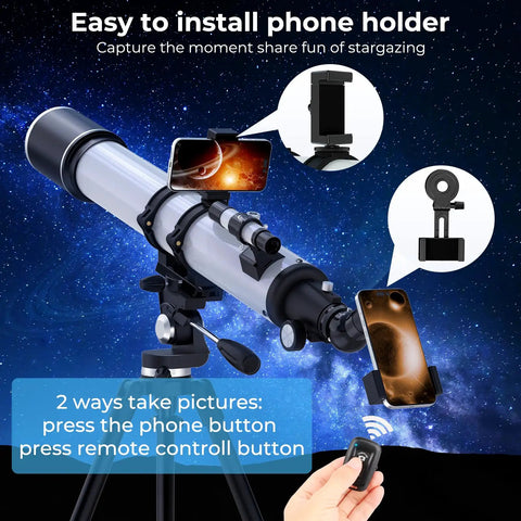 High Powered 90mm Refractor Telescope For Adults With phone adapter, tripod setup under starry sky, showing remote control use