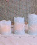 Ocean Themed Flameless Seashell Candles With Remote Control Real Wax Flicker Effect Battery Powered For Home Decor Party Wedding Nautical Christmas Easter Set Of 3 Blue, displaying various heights and detailed seashell designs.
