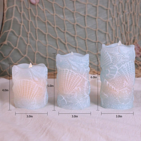 Ocean Themed Flameless Seashell Candles With Remote Control Real Wax Flicker Effect Battery Powered For Home Decor Party Wedding Nautical Christmas Easter Set Of 3 Blue, displaying various heights and detailed seashell designs.