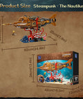 Steampunk Nautilus Submarine Building Kit With Gear Linked Propeller Modular Three Section Design Mini Boat And Undersea Adventure Scene For Dope Adult Hobbyists And Collectors, assembly dimensions shown
