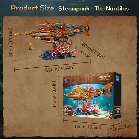 Steampunk Nautilus Submarine Building Kit With Gear Linked Propeller Modular Three Section Design Mini Boat And Undersea Adventure Scene For Dope Adult Hobbyists And Collectors, assembly dimensions shown