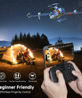 User controls 4K Camera Drone With FPV And Foldable Design For Adults And Kids at night with smartphone near campsite.