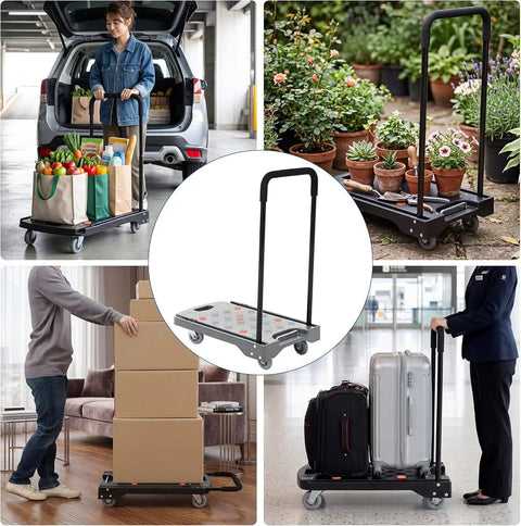 Heavy Duty Folding Hand Truck Featuring Four Sturdy Casters And Rock Solid Aluminum Handles For Zero Hassle Moving Up To 330 Pounds Without A Sweat On Any Project with groceries, boxes, and luggage.