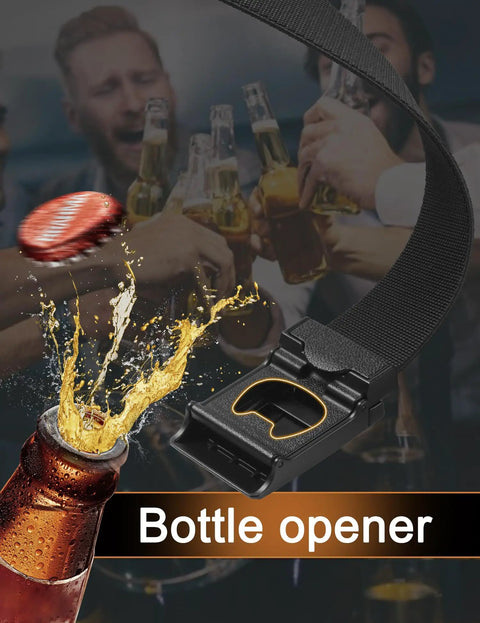 Mens Stretch Tactical Belt With 1.5 Inch Elastic Nylon Webbing And Flip Quick Release Buckle used as bottle opener