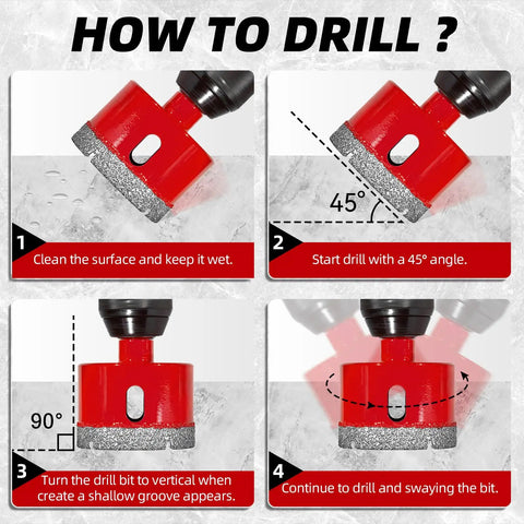 Pro Shop Ready Vacuum Brazed Diamond Hole Saw Kit Contains Eleven Heavy Duty Drill Bits For Tile Concrete Masonry Glass Ceramic Sizes One Quarter To Two Point Five Inches Housed In A Rugged Aluminum Box To Get The Job Done Slick instructional steps for using the hole saw.