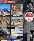 0.5 Ton Aluminum Hand Chain Hoist with 1100 Lbs Capacity shown with applications in ports, warehouses, and workshops.