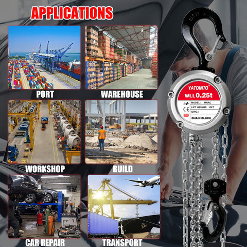 0.5 Ton Aluminum Hand Chain Hoist with 1100 Lbs Capacity shown with applications in ports, warehouses, and workshops.