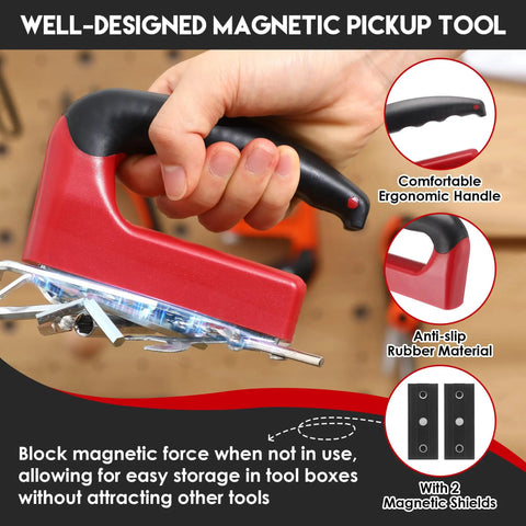 Two Pack 100 Lb Magnetic Grabber Pickup Tool With Ergonomic Rubber Handle Heavy Duty Magnet For Lifting Metal Objects Like Iron Plates And Doors Red With Dual Shield Ideal For Quick Salvage And Workshop Use