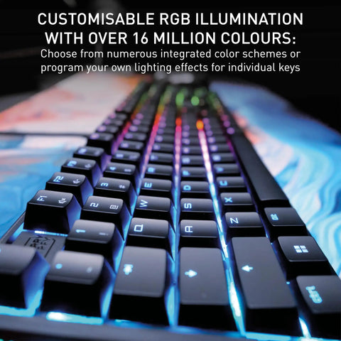 Close-up of Badass Wired Gaming Keyboard Featuring Rock Solid Aluminum Chassis And Ultra Smooth Mx2A Brown Switches with RGB illumination.