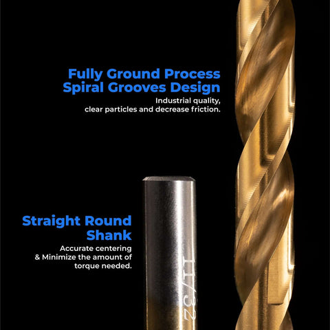 amoolo titanium twist drill bit set: close-up of gold-coated bit next to silver shank