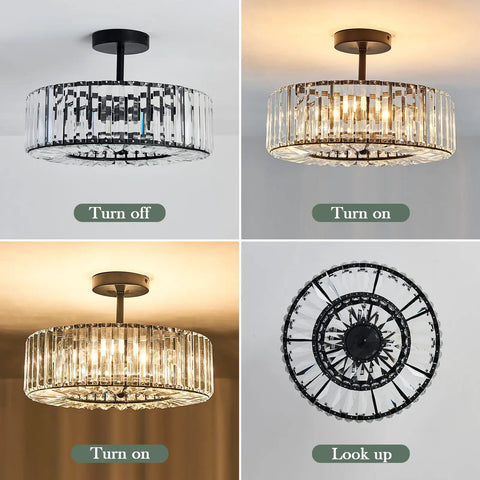 Black Round 4 Light Crystal Chandelier Semi Flush Mount Ceiling Fixture off, on, and bottom view