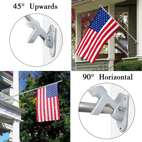 Heavy Duty Aluminum Flag Pole Holder For Outdoor Walls Rustproof Wall Mount Bracket installed on house with flag, dual angle settings