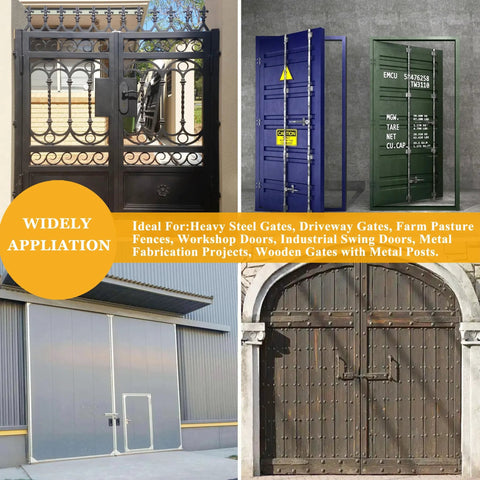 Collage of metal gates and doors: ornate black gate, blue container doors, gray warehouse doors, wooden arch gate.