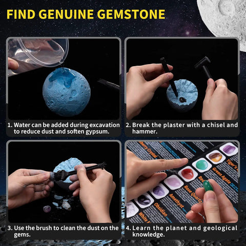Guide steps for Space Gem Excavation Kit For Kids With Real Gemstones, Solar System STEM Toy For Ages 6 And Up, using tools