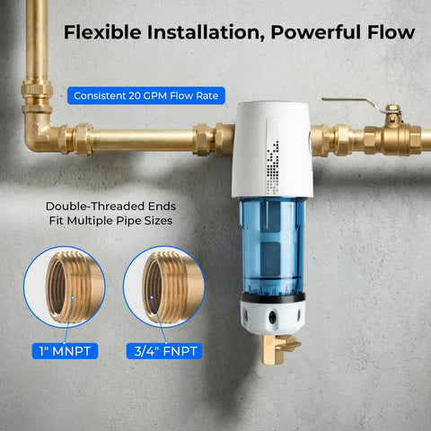 Reusable Spin Down Sediment Water Filter 100 Micron With Built In Housing Scraper, 360 Degree Rotatable Head, installed in pipes