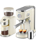 Top Tier 20 Bar Espresso Machine With Precision Burr Grinder And Full Steam Wand brewing two espresso shots with stainless pitcher.