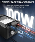 100W Low Voltage Landscape Transformer With Photocell Sensor For Dusk To Dawn Outdoor LED Lighting illustration with 120V to 12V conversion.