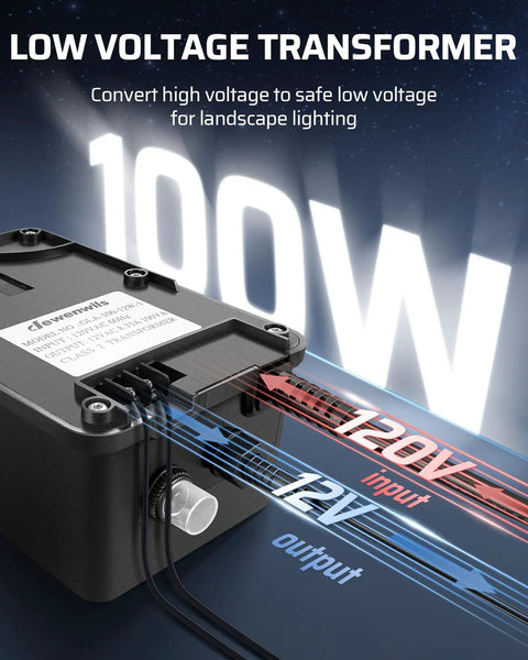100W Low Voltage Landscape Transformer With Photocell Sensor For Dusk To Dawn Outdoor LED Lighting illustration with 120V to 12V conversion.