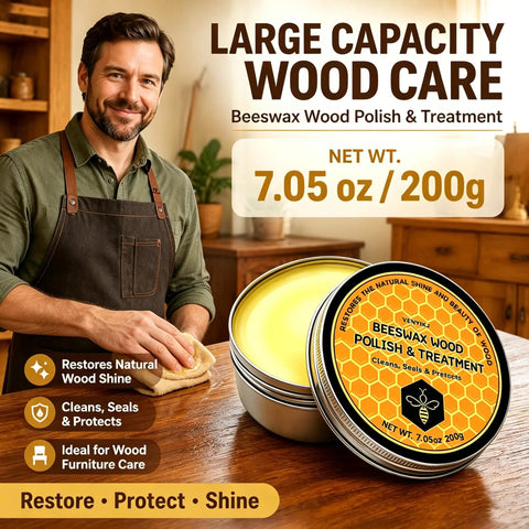 Premium Beeswax Wood Polish and Conditioner 7.05 oz in tin, restoring shine to wood surfaces with natural beeswax.