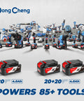 Dong Cheng tool lineup with 20V 4.0Ah batteries, powers 85+ tools, featuring drills, saws, and more.