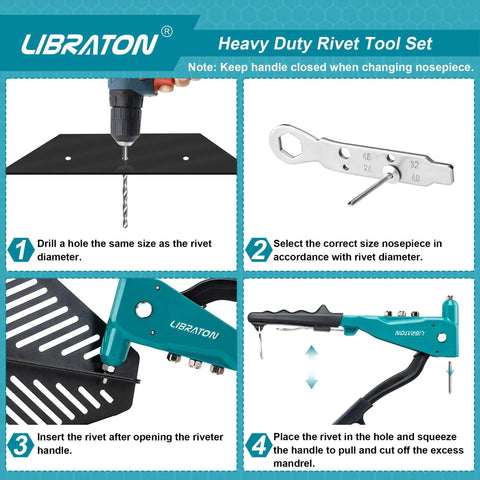 Instructional steps for using Heavy Duty Pop Rivet Gun Set With Aluminum Hand Riveter Workhorse 4 Interchangeable Heads 110 Piece Rivet Kit