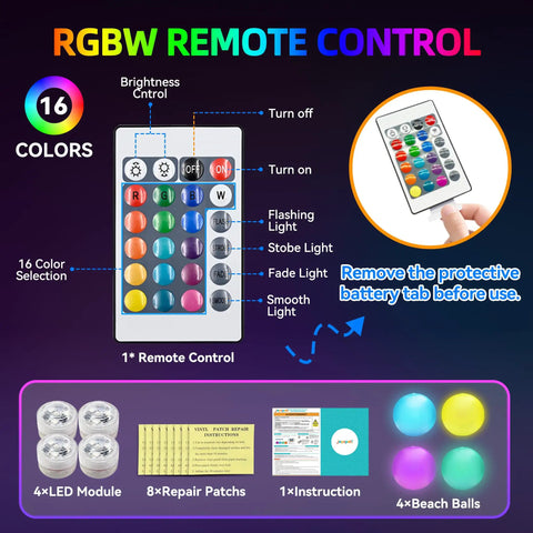 Image showing RGBW remote control guide for 16 Inch LED Light Up Beach Balls 4 Pack With Remote Glow In The Dark Pool Toys.