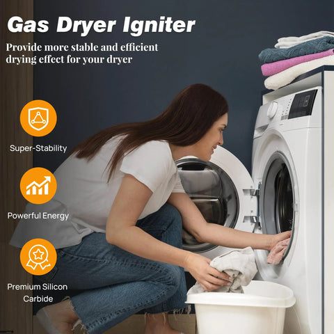 Woman using gas dryer next to text highlighting Gas Dryer Igniter features: super-stability, powerful energy, premium silicon carbide.