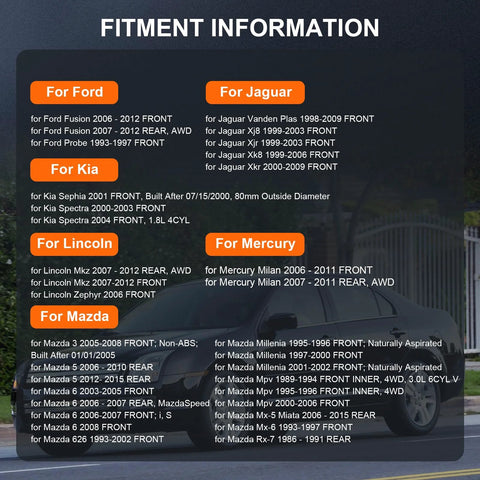 Fitment information list for various car models, including Ford, Jaguar, Kia, Lincoln, Mercury, and Mazda.