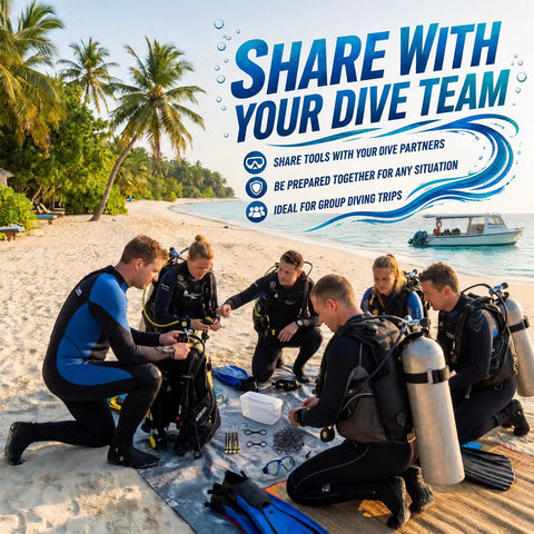 Divers using Save-A-Dive Kit For Scuba Gear Repair, All-In-One Dive Tool Bundle on beach with scuba equipment setup